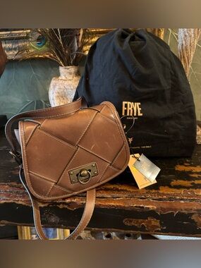 FRYE NWT Quilted Brown Leather Crossbody with Brass Turn-Lock